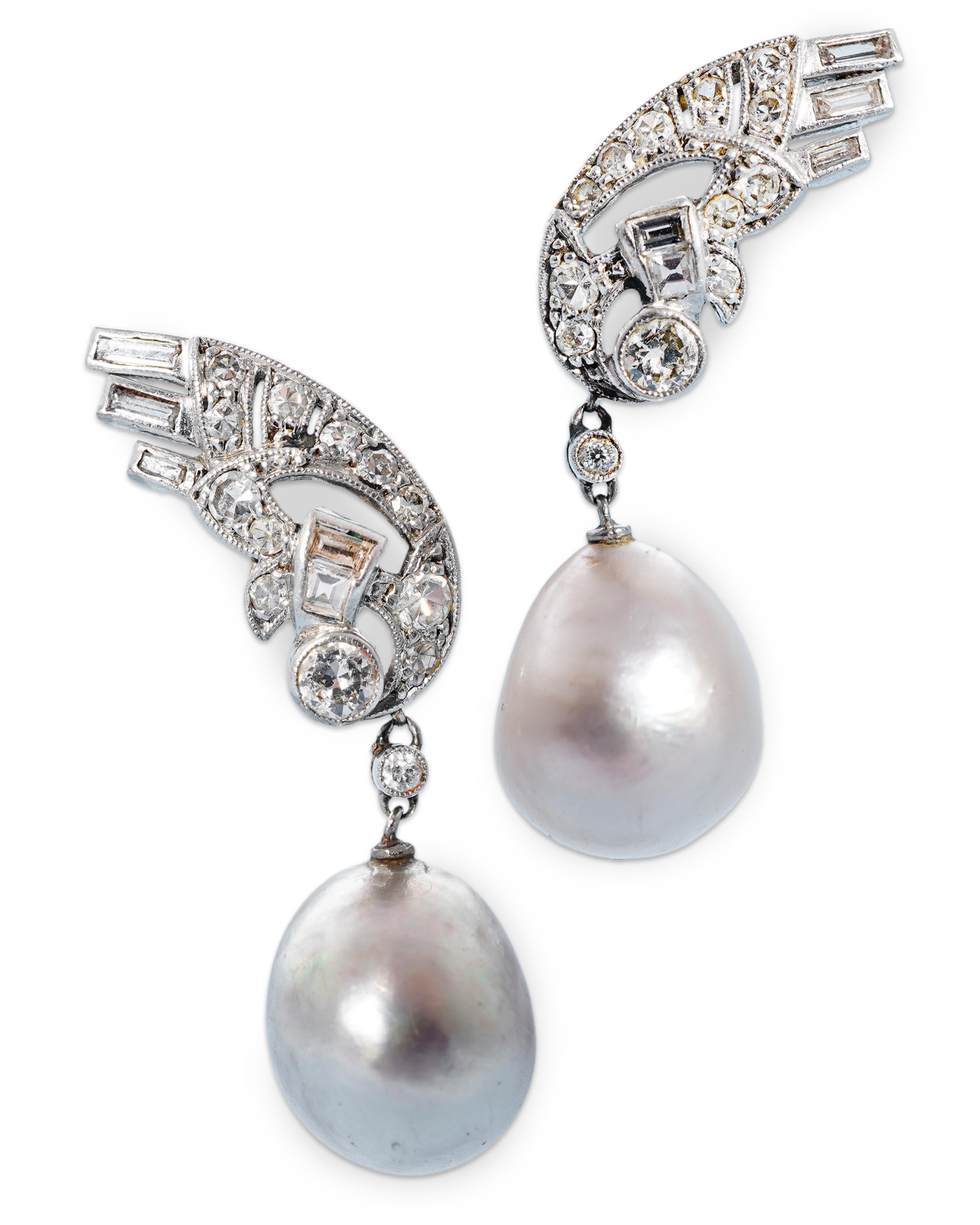 A fine pair of Art Deco natural pearl and diamond earrings, 1930s
